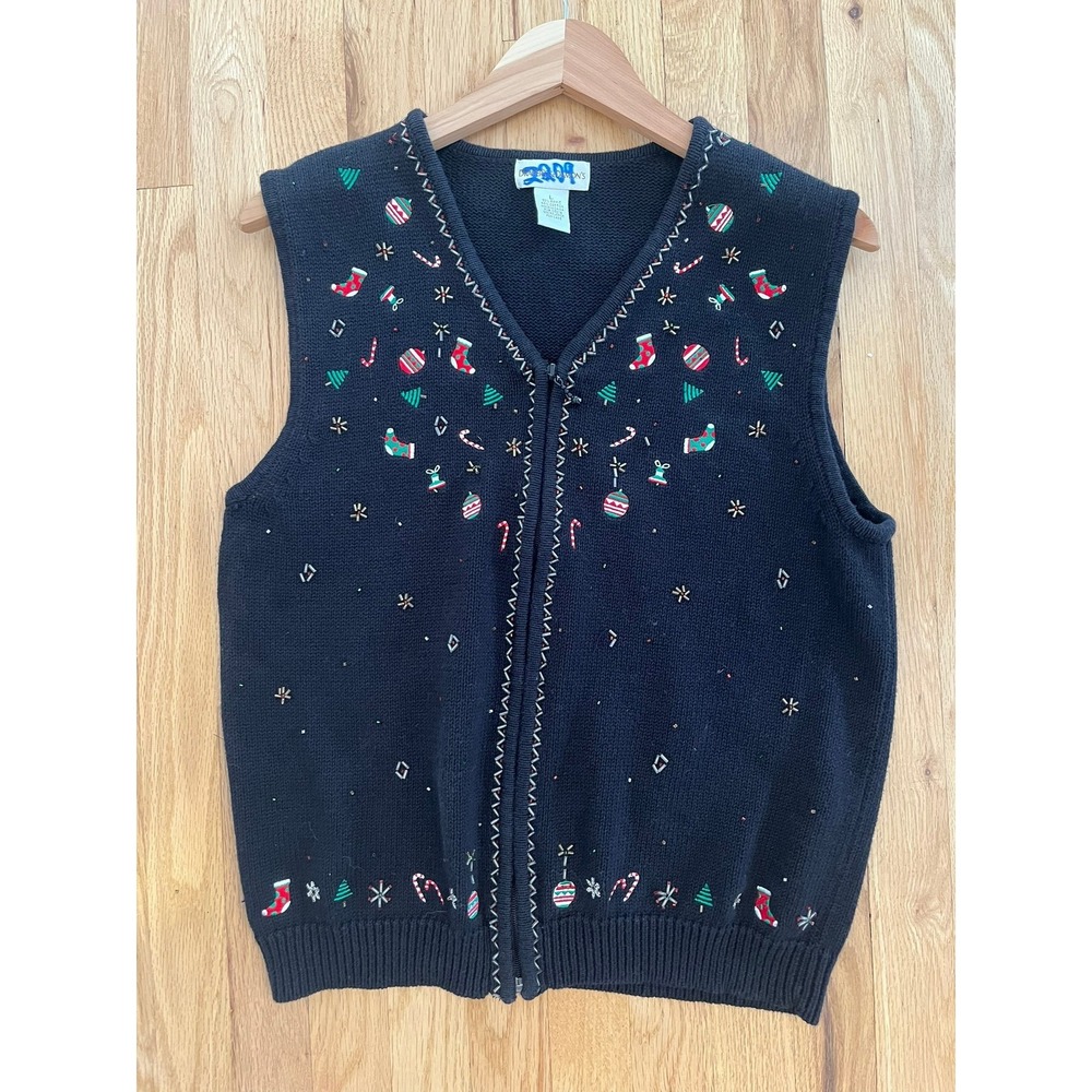 Draper &‎ Damons Vintage Christmas Sweater Vest Black Embroidered Beaded Zip L